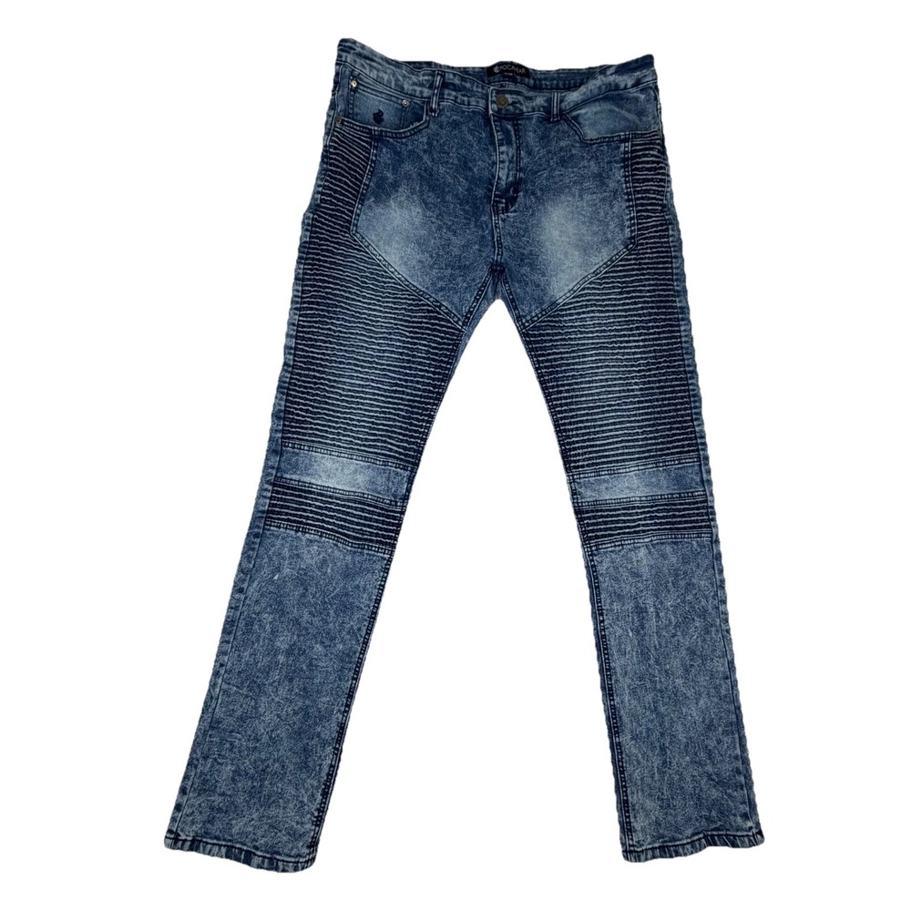 Rocawear Mens Biker Jeans 40x34 Fit 40x32 Acid Wash Moto Ribbed Denim Distressed